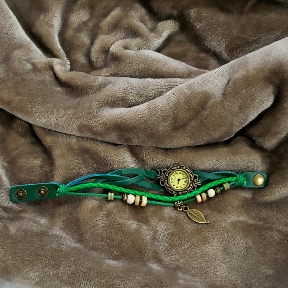Green Bohemian Bracelet with Leaf Charm